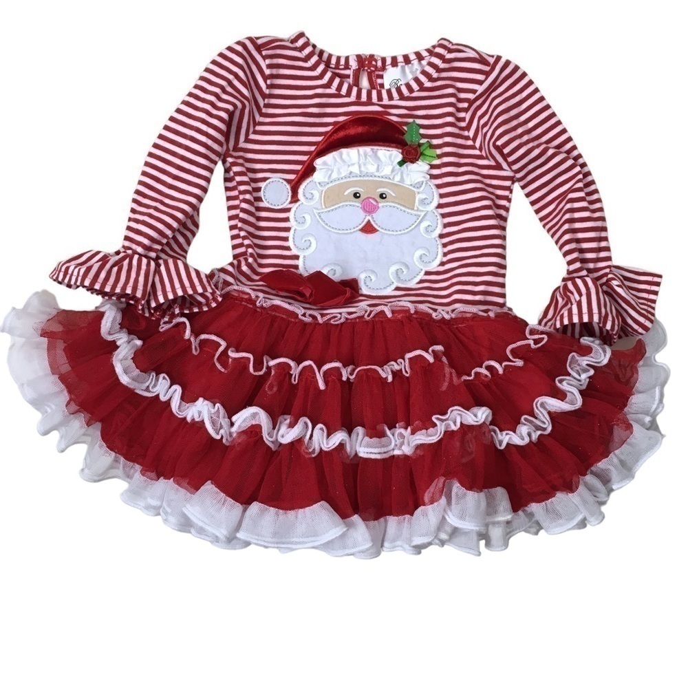 RARE EDITIONS Santa Dress Ruffle Tutu Stripe Christmas Holiday Appliqué Size 18M